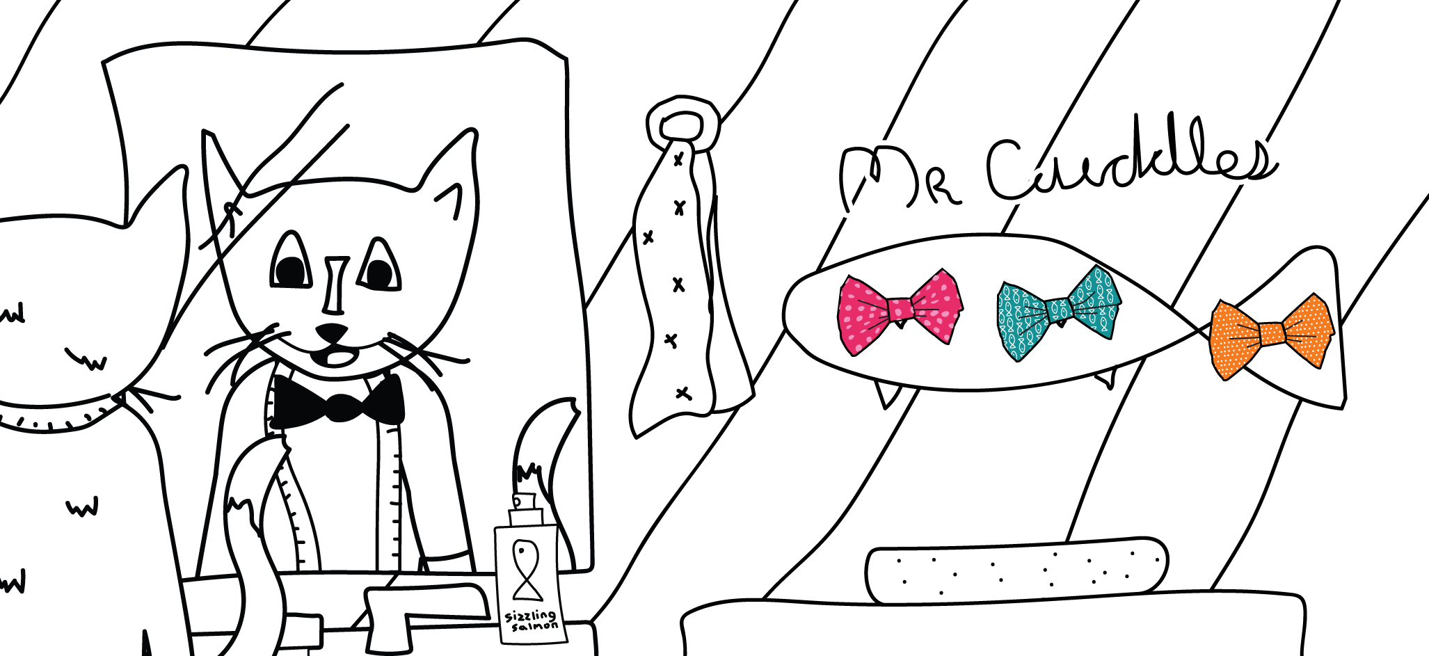 Mr. Cuddles looking at himself in the mirror while showing off his bowties.